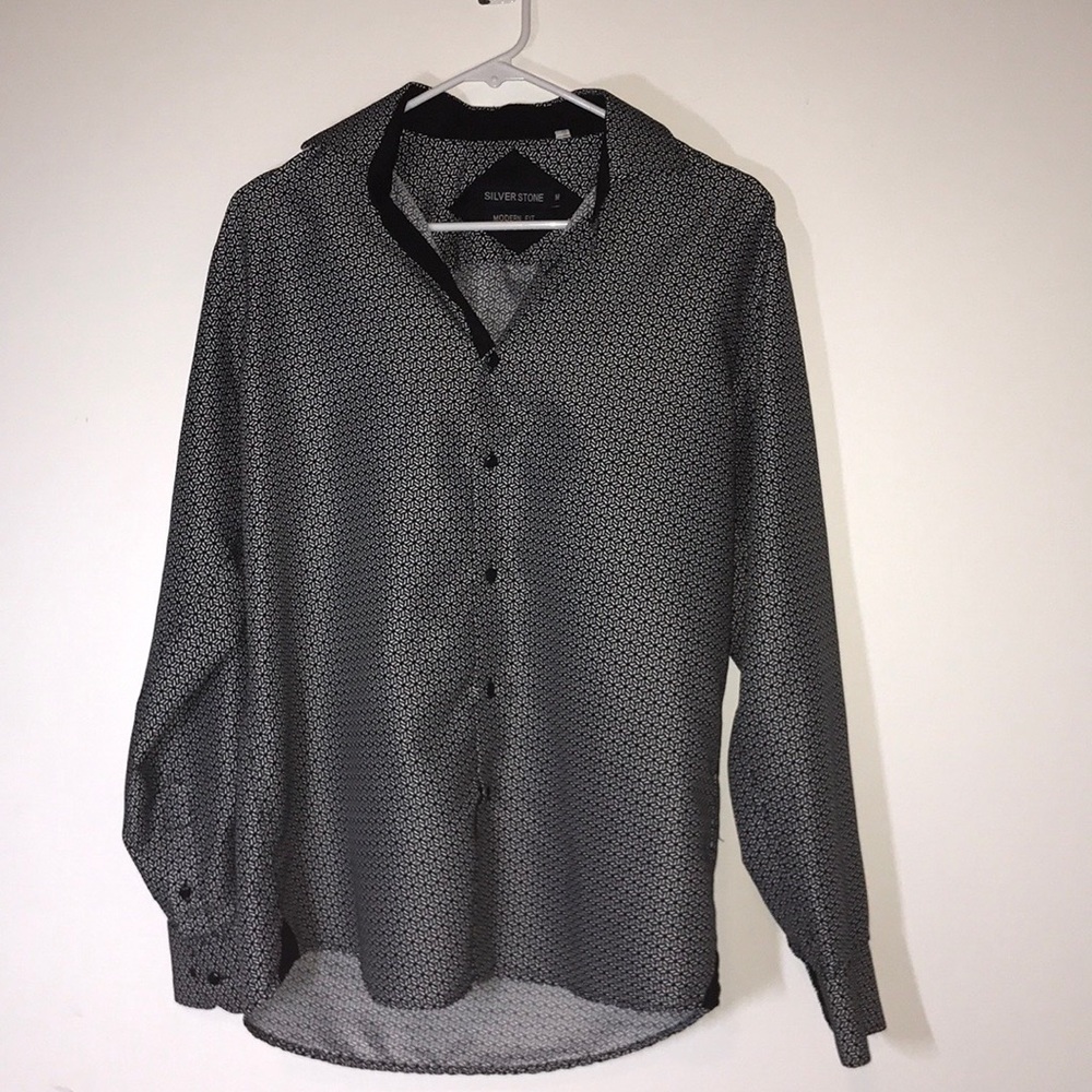 Black and white, long sleeve, dress shirt.